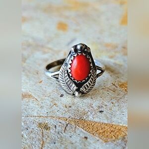 #127 Women's Southwestern Coral Cabochon Ring With Two Feathers.